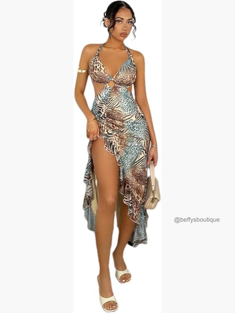 Women's Halter Cut Out Dress Asymmetrical Ruffle Hem Bodycon